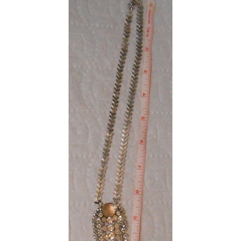 Vintage Express Silver Necklace Chevron Herringbone Chain Rhinestone Waterfall - Picture 4 of 13